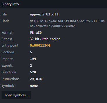 Binary info: format, sections, imports, and symbol counts Binary info panel listing a loaded PE file's format, sections, imports, and symbol counts