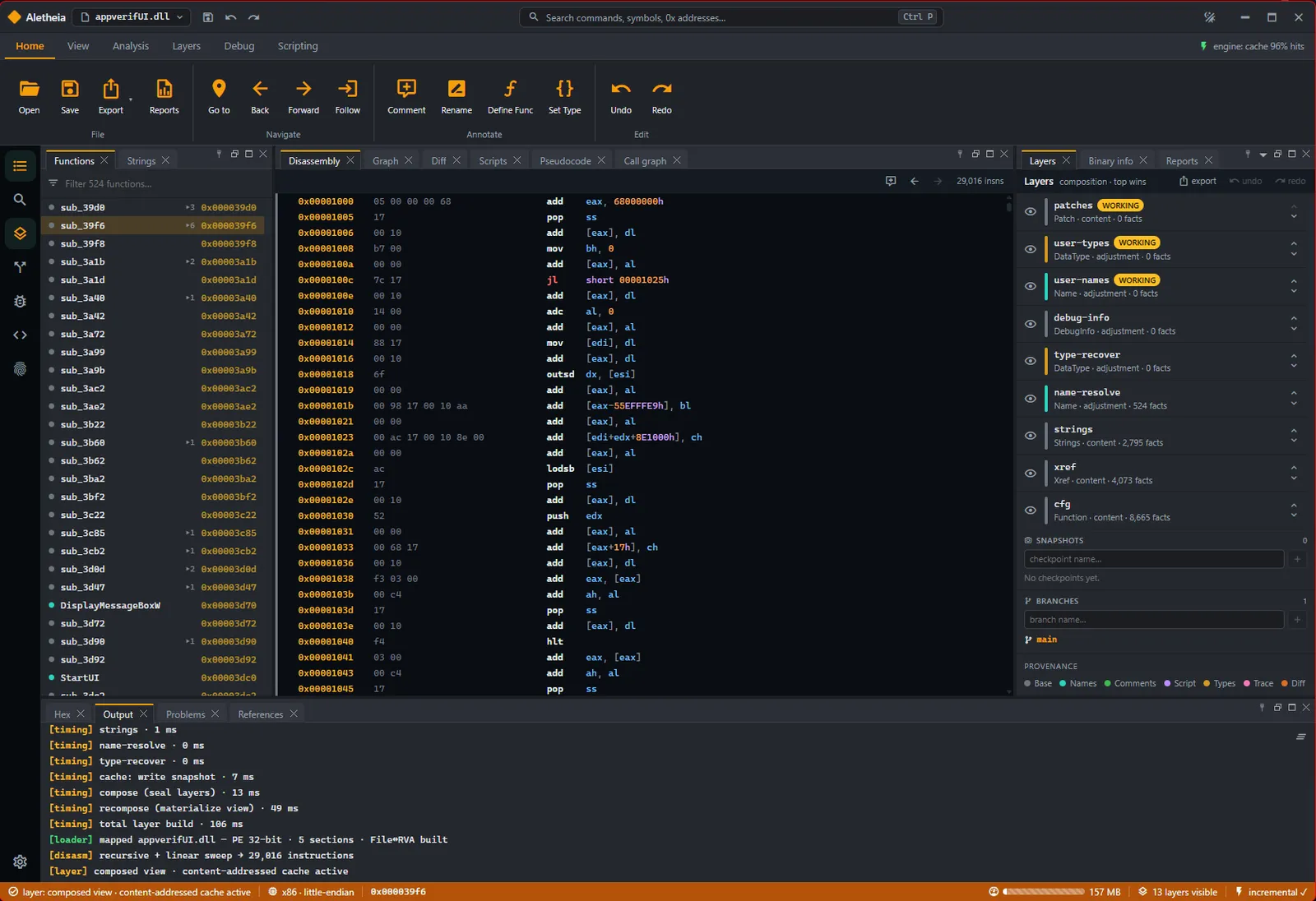 Main window analyzing a Windows DLL, with the function list, disassembly, and layer stack panel